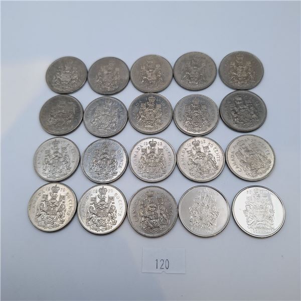 Twenty Canadian Fifty Cent Coins