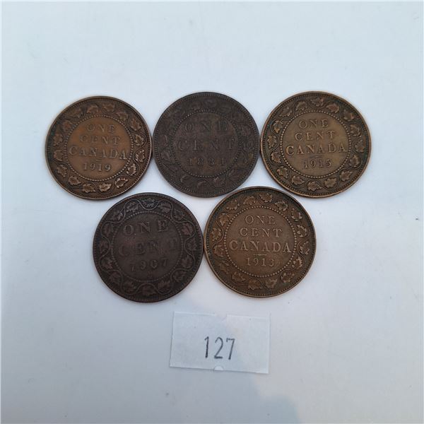 Five Canadian Large Cent Coins