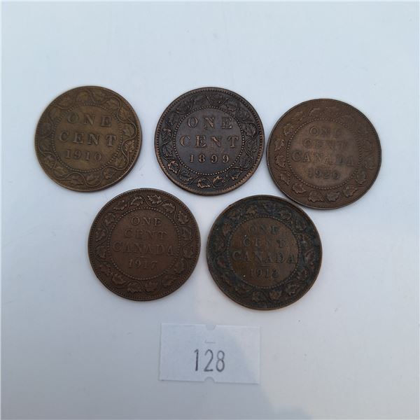 Five Canadian Large Cent Coins