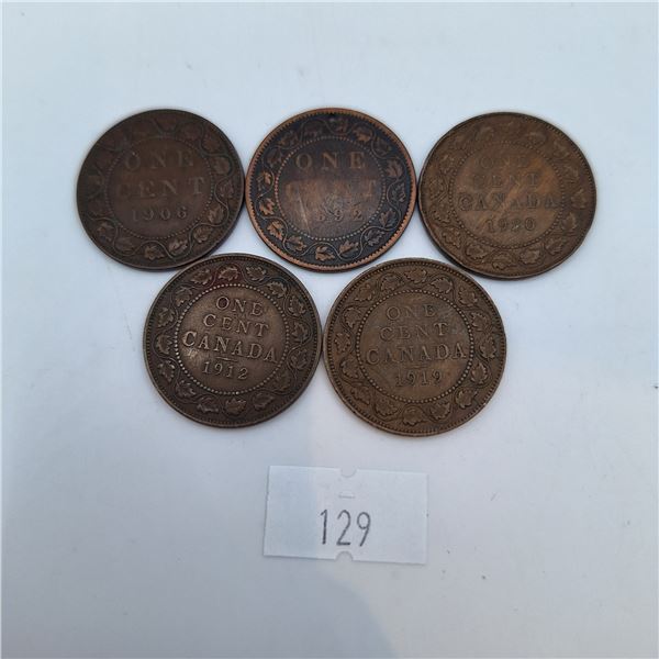 Five Canadian Large Cent Coins