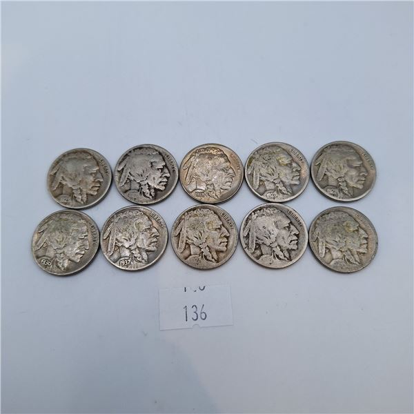 Ten American Buffalo Nickels