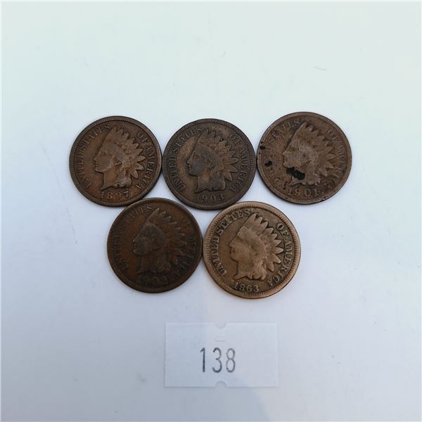 Five American Indian Head Pennies