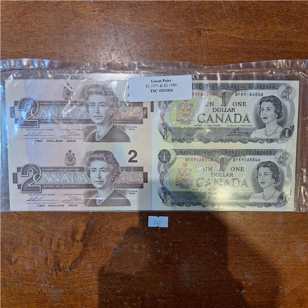 Uncut Pairs of Canadian $1 and $2 Banknotes