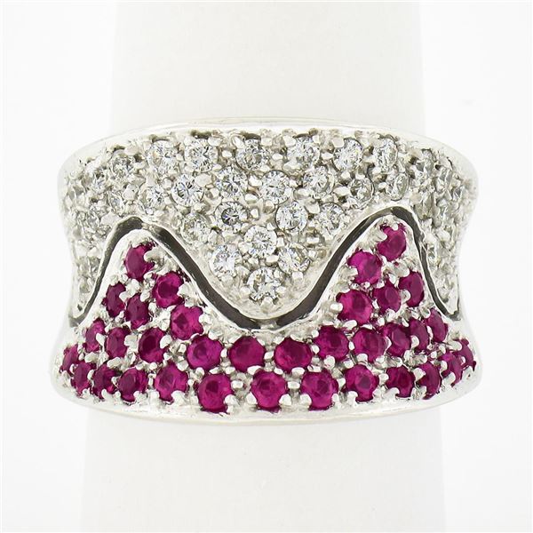 Italian 14k White Gold Pink Sapphire & Diamond Wavy Design Wide Cigar Band Ring
