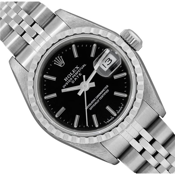 Rolex Ladies Stainless Steel Quickset Black Index Dial Engine Turn Bezel With Ro