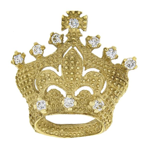 Vintage 18k Gold .65 ctw Diamond Textured Bead Crown Tiara Fleur De Lis Pin Broo