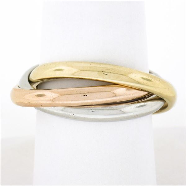 Tri Color Gold & Platinum Interlocking Polished Rolling Trinity Three Band Ring