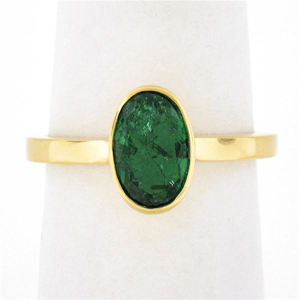 Solid 18K Yellow Gold 1.21 ctw Oval Bezel Set Emerald Solitaire Engagement Ring