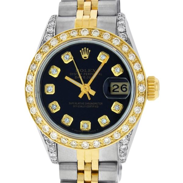 Rolex Ladies Quickset Two Tone Black Diamond Lugs Datejust Wristwatch 26MM