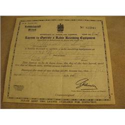 Canadian Radio Receiving Equipment License          # 833947, year 1928