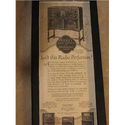 framed 1920's Pooley radio cabinet ad