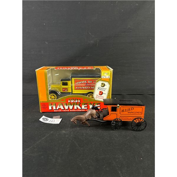 New In Box. 1931 Hawkeye Home Hardware 1:24 Scale Die Cast Collectible Piggy Bank Truck Plus Horse P
