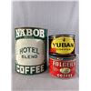 Image 1 : 3 Vintage Collectible Tin Coffee Cans - 8.25"H Nabob "Hotel Blend" & 3.75" H Folger's & Yuban