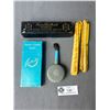 Image 1 : Lot Of Vintage Misc Finds - Cloth Tape Measure, Carbide Refills, MaxFactor's Society Face Powder Bru