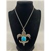 Image 1 : Old Silver Fleur De Lis Turquoise 2.75" Pendant On 23"L Chain