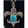 Image 2 : Old Silver Fleur De Lis Turquoise 2.75" Pendant On 23"L Chain
