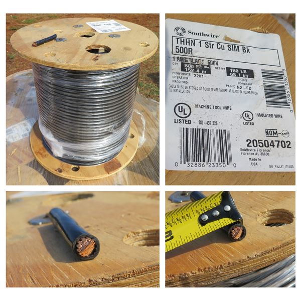 500ft Spool of Southwire Wire- 1awg  Black 600v