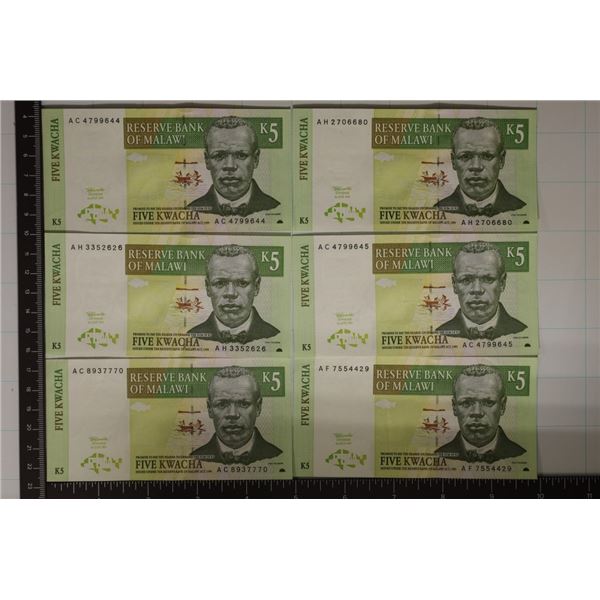 6-1997 CRISP UNC MALAWI FIVE KWACHA BILLS