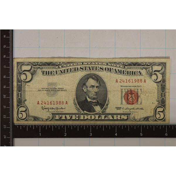 1963 US RED SEAL $5 NOTE