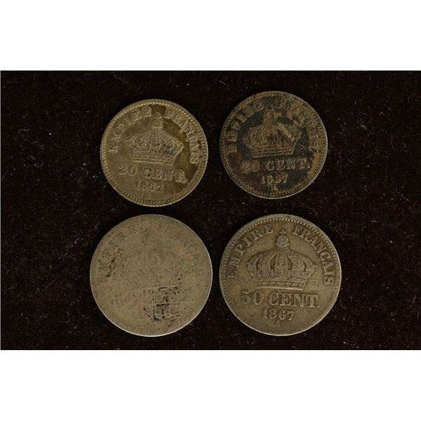 4-1800's FRANCE SILVER CENTIMES COINS: 2-1867