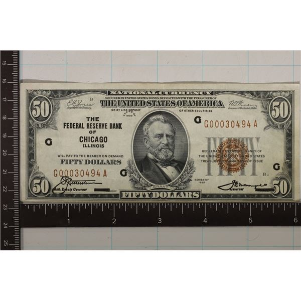 1929 US $50 NATIONAL CURRENCY OF CHICAGO XF++