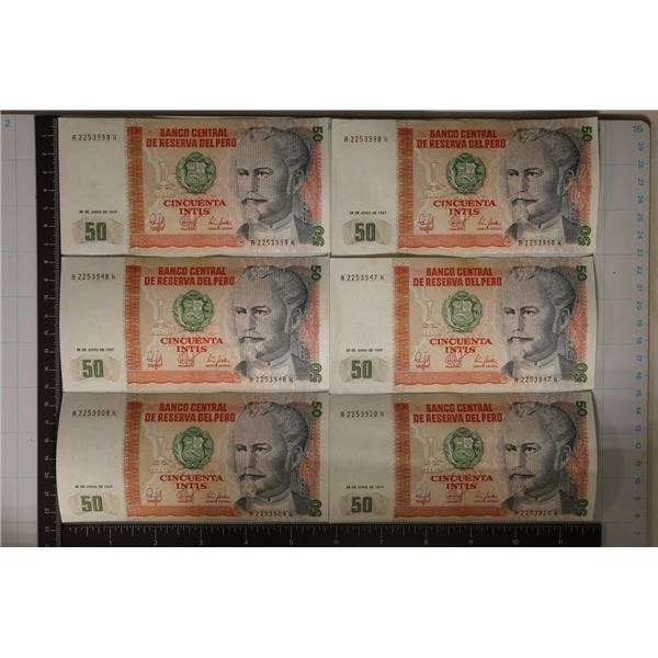 6-CRISP UNC PERU 50-INTIS BILLS: 3 SETS OF 2
