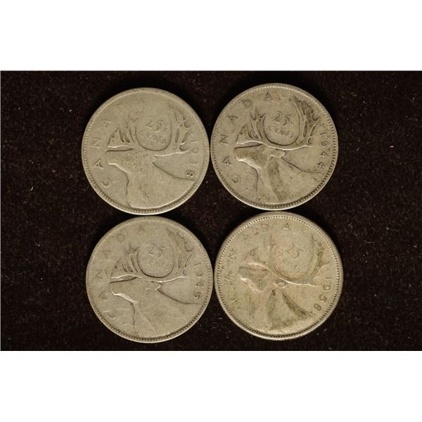 1938, 44, 45 & 1958 CANADA SILVER 25 CENT COINS