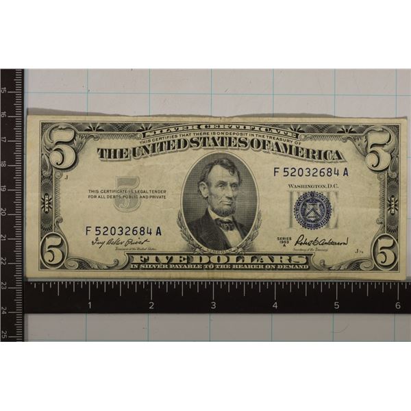 1953-A US $5 SILVER CERTIFICATE BLUE SEAL XF