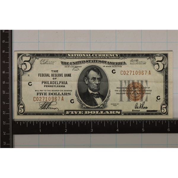 1929 US $5 NATIONAL CURRENCY OF PHILADELPHIA