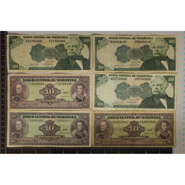 6-VENEZUELA BILLS: 3-1986-10 BOLIVARES & 3-1990-20