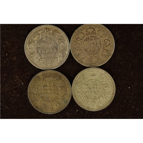 1862, 1919 & 2-1943 INDIA SILVER 1/4 RUPEE COINS