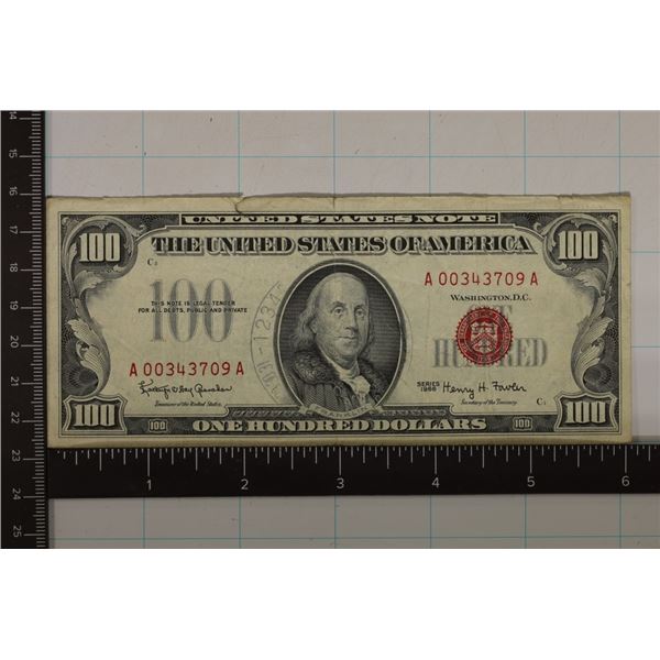 1966 US $100 RED SEAL BILL: HAS ROUND STAMP BY