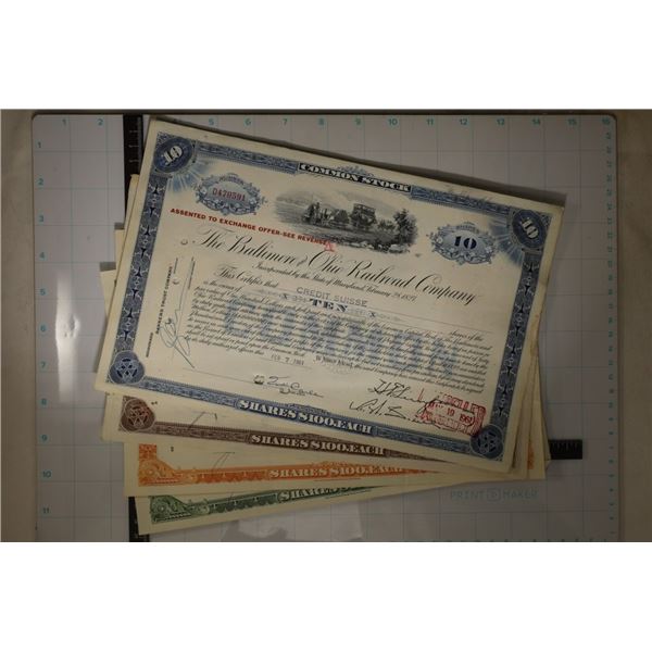 4 VINTAGE STOCK CERTIFICATES BALTIMORE AND OHIO