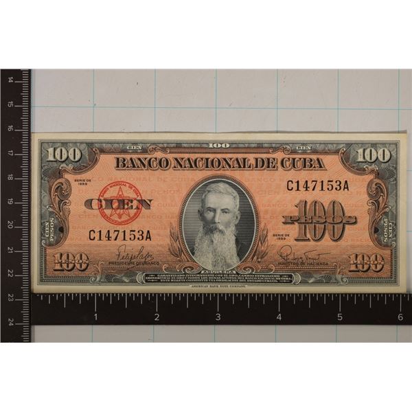 1959 CUBA 100 PESO BILL EXTRA FINE++-AU ONE FOLD