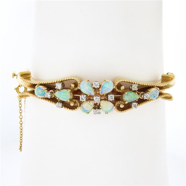 Vintage Retro 14K Yellow Gold Diamond Opal Open Butterfly Flower Bangle Bracelet