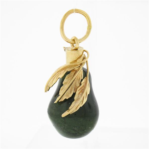 Vintage 14k Gold Bulb Shape Green Tourmaline Pear & Hand Wire Leaf Charm Pendant