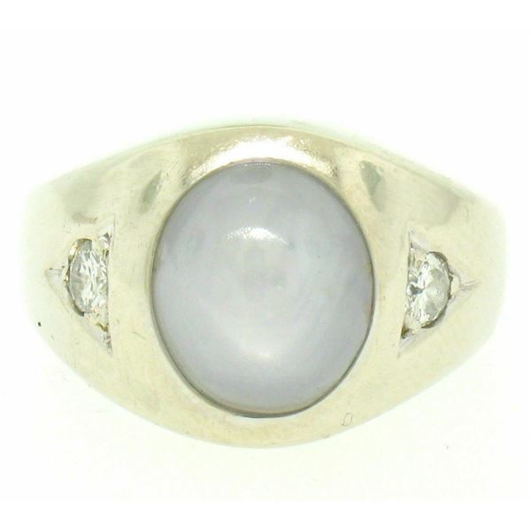 Men's Vintage 14k White Gold 7.24 ctw Oval Gray Star Sapphire Round Diamond Ring
