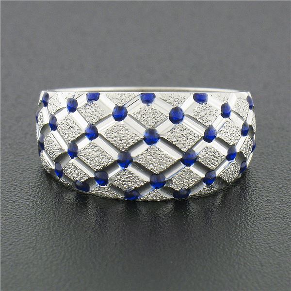 14k White Gold Royal Blue Enamel Dot Tufted Grid w/ Dual Finish Wide Band Ring