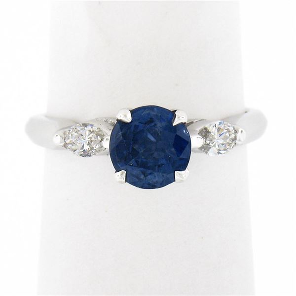 Vintage 14k White Gold 1.28 ctw GIA Round Sapphire & Marquise Diamond Accents Ri