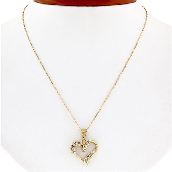 10k Yellow Gold 0.26 ctw Channel Set Round Diamond Open Heart Pendant Necklace
