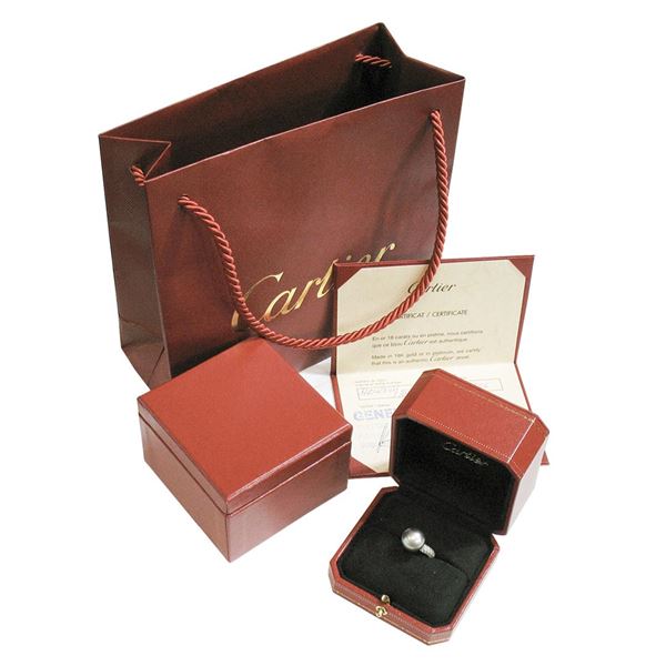 Cartier 18k White Gold 12.75mm Tahitian Gray Pearl .85 ctw Round Pave Diamond Ri