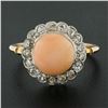 Image 2 : Antique Edwardian 18K Gold Platinum Button Angel Skin Coral w/ Diamond Halo Ring