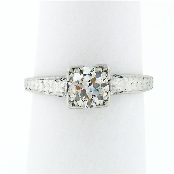 Antique Art Deco Platinum.80 ctw European Diamond Engraved Scroll Engagement Rin