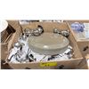Image 2 : BOX OF ASSORTED GLASSWARE, SERVING TRAYS & SALT / PEPPER SHAKERS