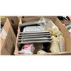 Image 2 : BOX OF ASSORTED COMMERCIAL KITCHENWARE INCLUDING LARGE METAL INSERTS, SQUEEZE BOTTLES