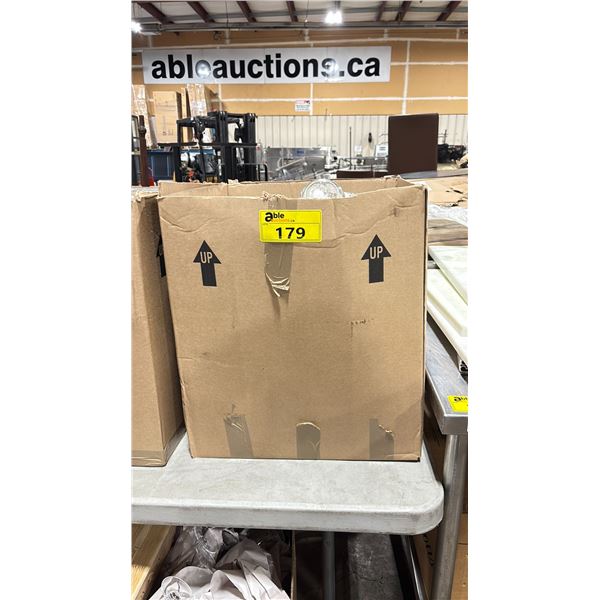 LARGE BOX OF ASSORTED COMMERCIAL RESTAURANT ITEMS INCLUDING JARS, UTENSILS & METAL TRAYS