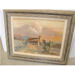 Oil on board in rustic frame by M. Hunt
