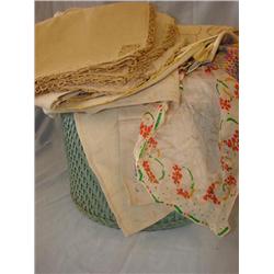 Vintage sewing box stuffed full of old linens