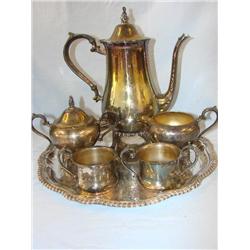 Silver coffee, creamer, sugar & cups