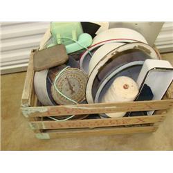 Wood box, filled with "stuff", enamel,scale, phone.